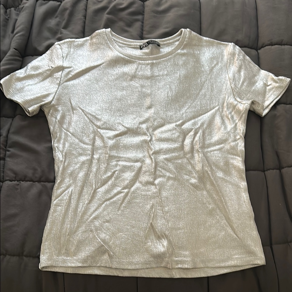 Zara silver metallic Fitted Short Sleeve T-Shirt